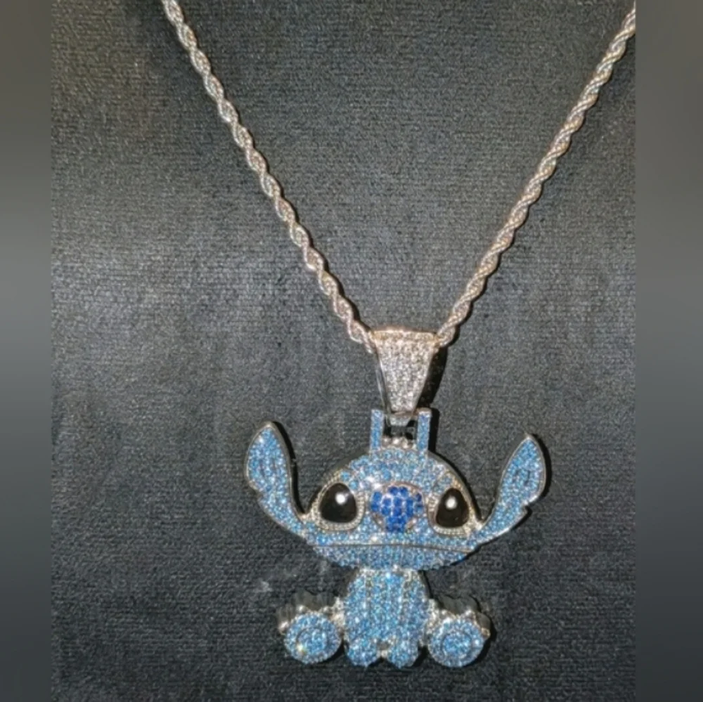Stitch Character Rhinestone Pendant On Silver Tone Hip Hop Necklace 24